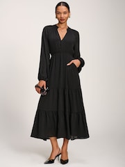 Jolie Moi Black Long Sleeve Textured Satin Midaxi Dress - Image 1 of 6