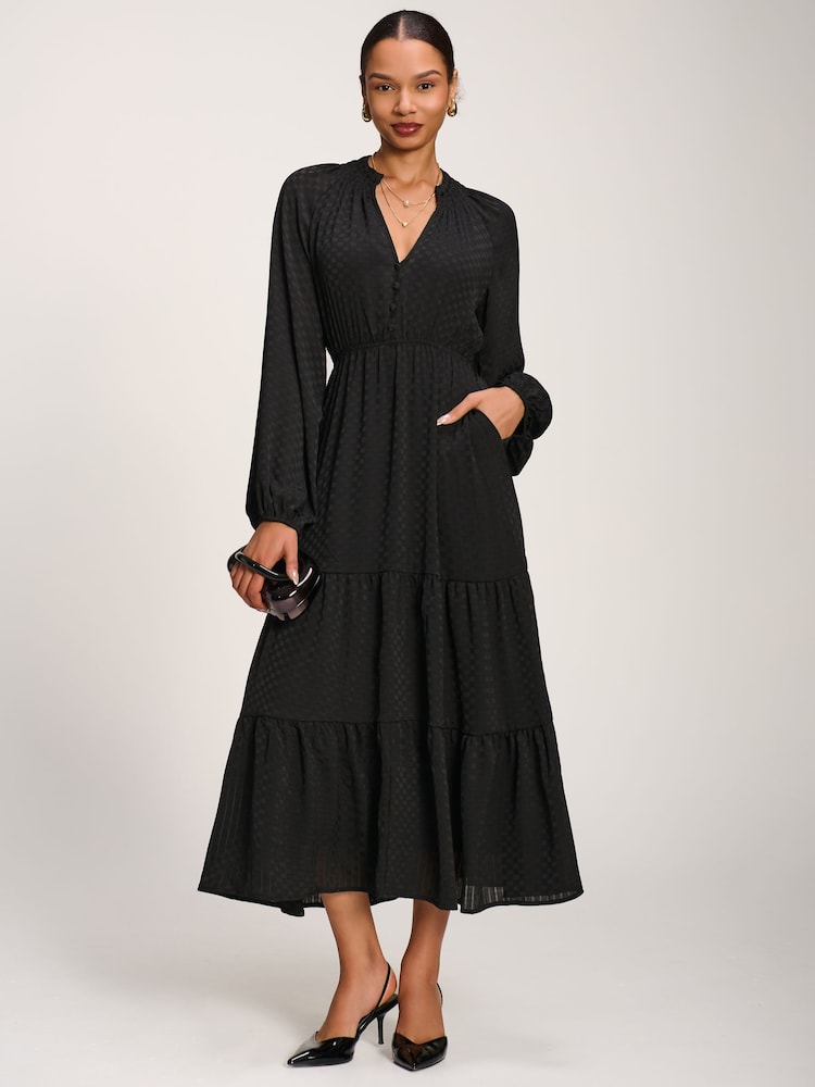 Jolie Moi Black Long Sleeve Textured Satin Midaxi Dress - Image 1 of 6