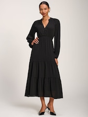 Jolie Moi Black Long Sleeve Textured Satin Midaxi Dress - Image 6 of 6