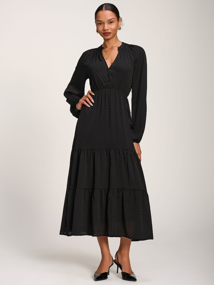 Jolie Moi Black Long Sleeve Textured Satin Midaxi Dress - Image 6 of 6