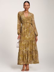 Verde - Vestido largo de gasa con estampado de cachemira y manga larga de Jolie Moi - Imagen 1 de 6