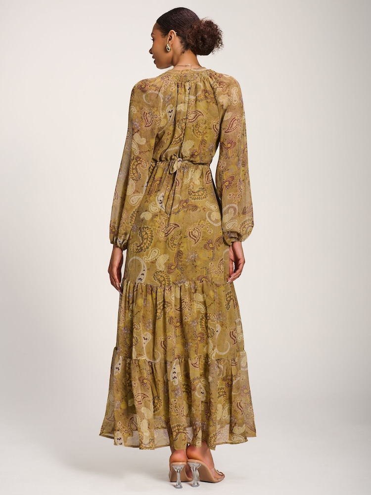 Verde - Vestido largo de gasa con estampado de cachemira y manga larga de Jolie Moi - Imagen 2 de 6