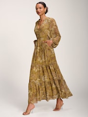 Verde - Vestido largo de gasa con estampado de cachemira y manga larga de Jolie Moi - Imagen 4 de 6
