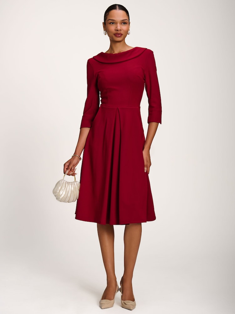 Jolie Moi Burgundy Roll Neck ¾ Sleeve Midi Dress - Image 1 of 6