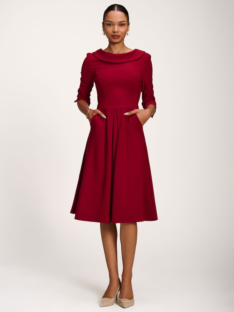 Womens Jolie Moi Burgundy Roll Neck ¾ Sleeve Midi Dress