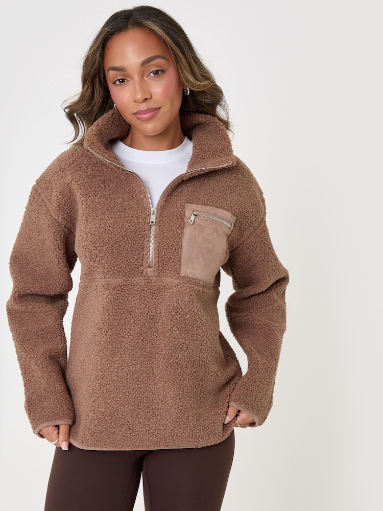 Threadbare Brown Half Zip Borg Fleece - Image 1 of 4 Threadbare Brown Half Zip Borg Fleece - Image 1 of 4