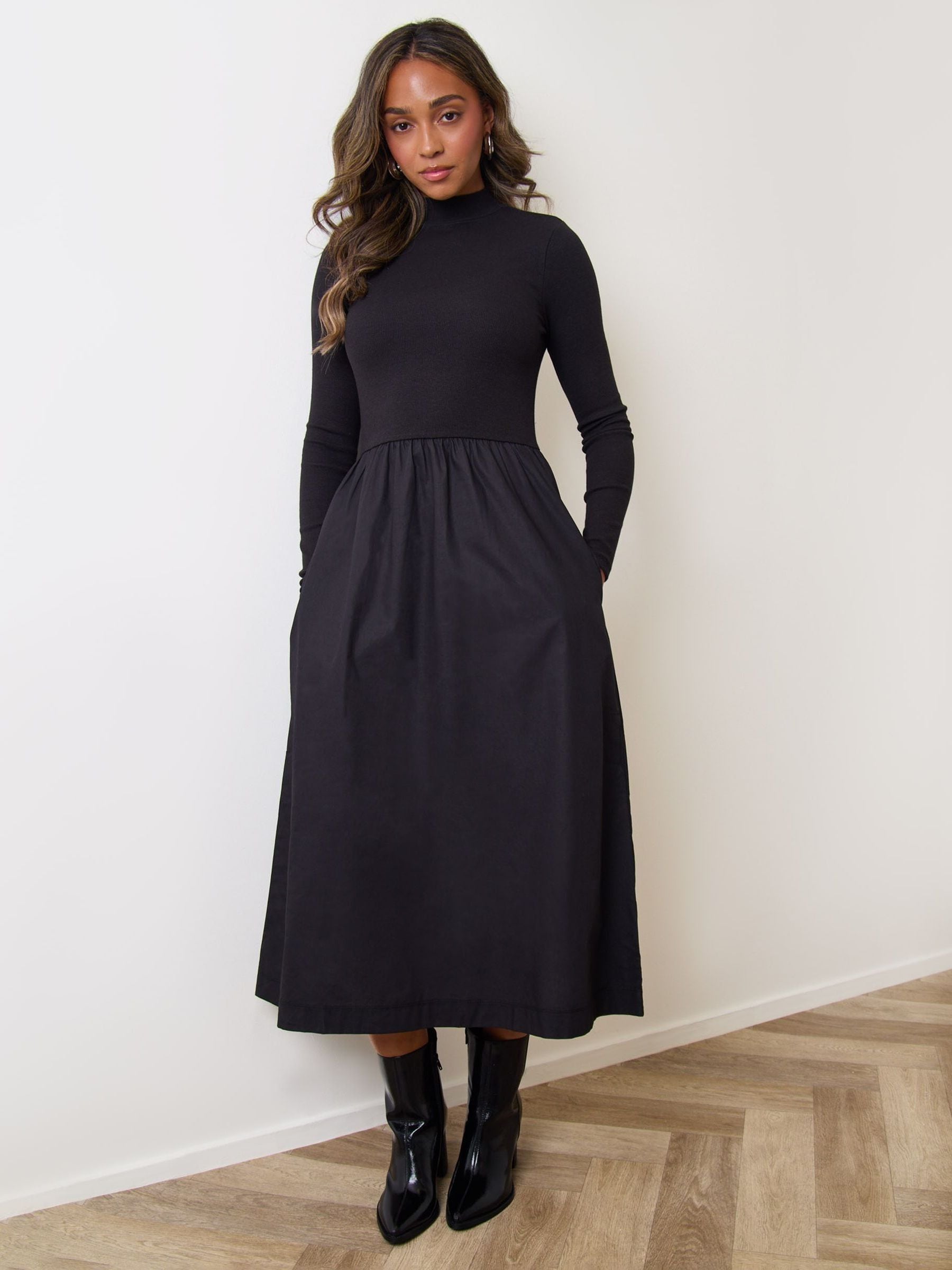 Buy Threadbare Black Cotton Blend Ribbed Jersey High Neck Midaxi
