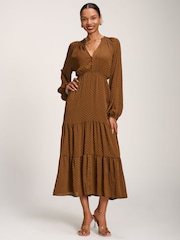 Jolie Moi Brown Long Sleeve Textured Satin Midaxi Dress - Image 1 of 6