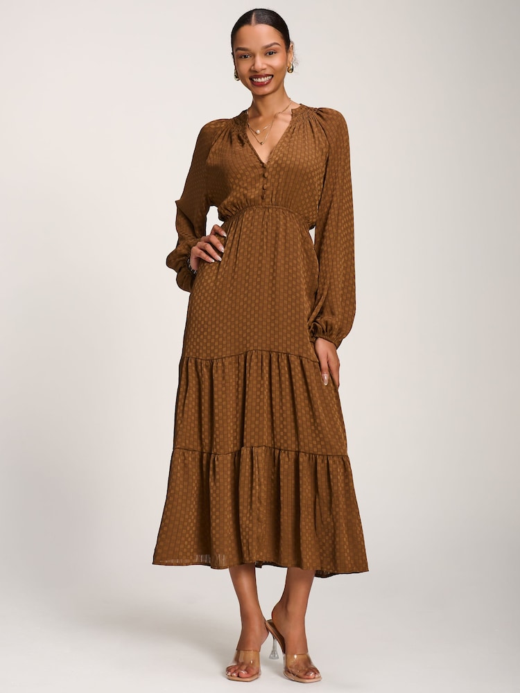 Jolie Moi Brown Long Sleeve Textured Satin Midaxi Dress - Image 1 of 6