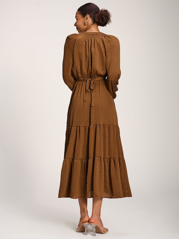 Jolie Moi Brown Long Sleeve Textured Satin Midaxi Dress - Image 2 of 6