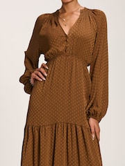 Jolie Moi Brown Long Sleeve Textured Satin Midaxi Dress - Image 3 of 6