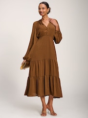 Jolie Moi Brown Long Sleeve Textured Satin Midaxi Dress - Image 5 of 6