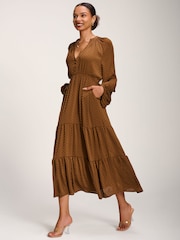 Jolie Moi Brown Long Sleeve Textured Satin Midaxi Dress - Image 6 of 6