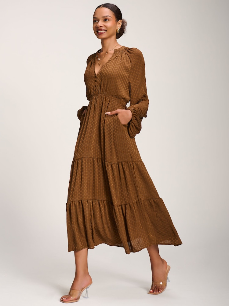 Jolie Moi Brown Long Sleeve Textured Satin Midaxi Dress - Image 6 of 6