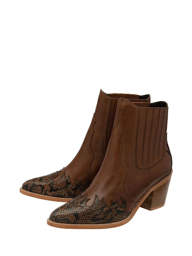 Ravel Brown Leather Block Heel Western Ankle Boots - Image 2 of 4 Ravel Brown Leather Block Heel Western Ankle Boots - Image 2 of 4