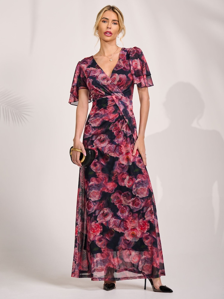 Jolie Moi Pink Angel Sleeve Mesh Maxi Dress - Image 1 of 6