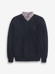 Navy Gingham V Regular Mock Shirt Knitted Crew Jumper - Image 1 of 6