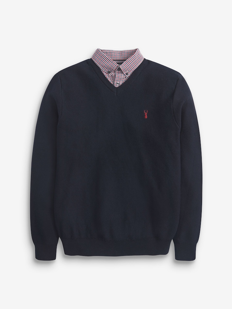 Navy Gingham V Regular Mock Shirt Knitted Crew Jumper - Image 1 of 6