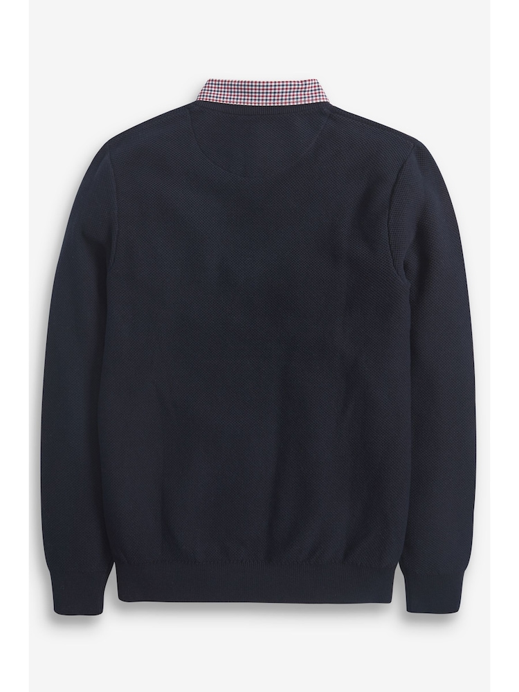 Navy Gingham V Regular Mock Shirt Knitted Crew Jumper - Image 2 of 6