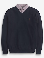 Navy Gingham V Regular Mock Shirt Knitted Crew Jumper - Image 4 of 6