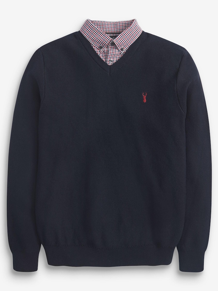 Vichy V bleu marine - Pull ras du cou en maille avec chemise simulée régulière - Image 4 of 6