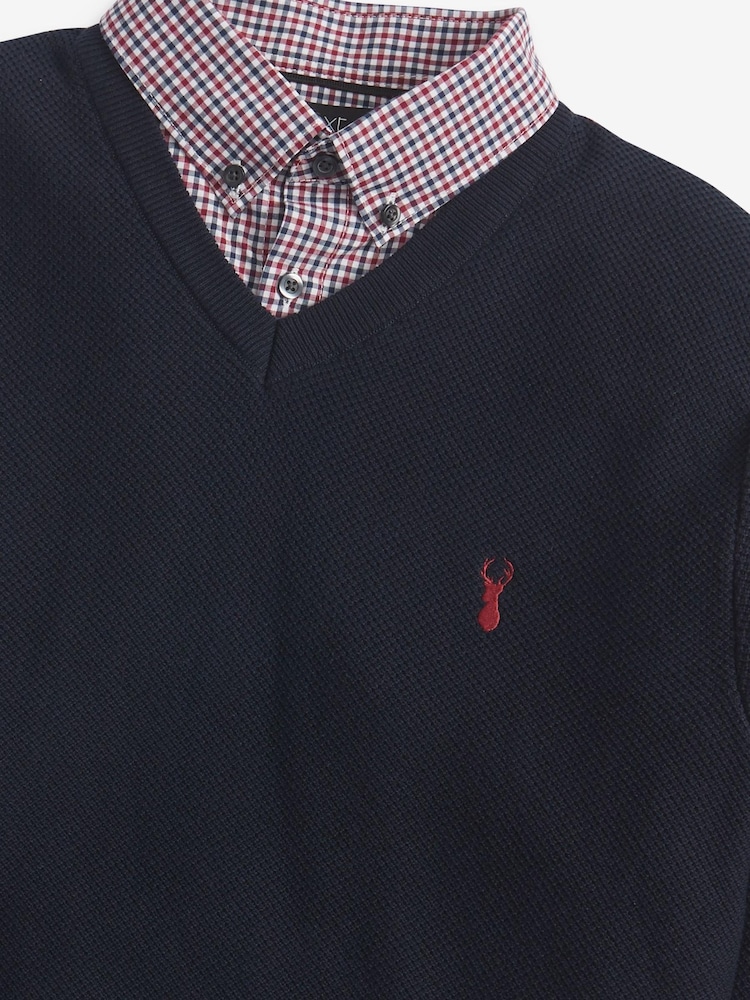 Navy Gingham V Regular Mock Shirt Knitted Crew Jumper - Image 6 of 6