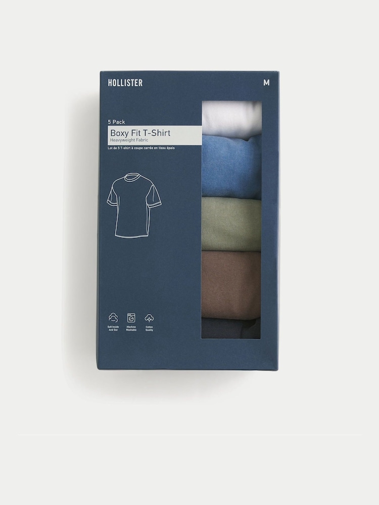 Hollister White/Blue/Green/Brown/Black Heavyweight Boxy T-Shirts 5 Pack - Image 2 of 2