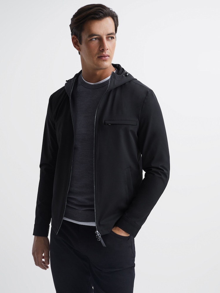 Reiss Black Zuroke Zip Through Hooded Blouson Jacket - Image 1 of 6