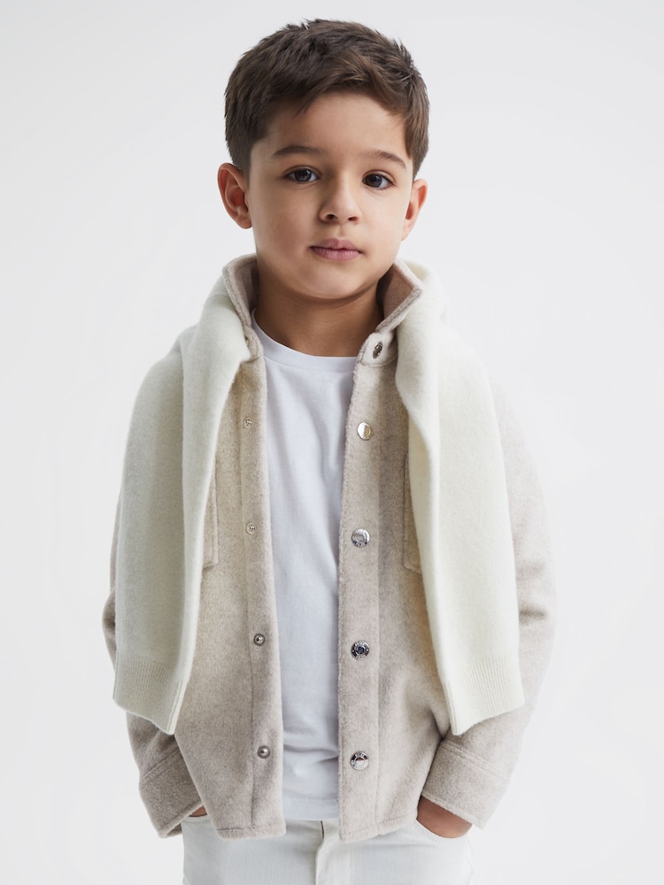 Reiss Oatmeal Loke 9-12 yrs Long Sleeve Press Stud Brushed Overshirt - Image 1 of 7
