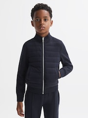 Reiss Navy Flintoff 3-9 yrs Funnel Neck Quilted Hybrid Jacket - Image 1 of 7