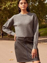 Grey/Black 2-In-1 Faux Leather Zip Detail PU Mix Mini Jumper Dress - Image 1 of 7