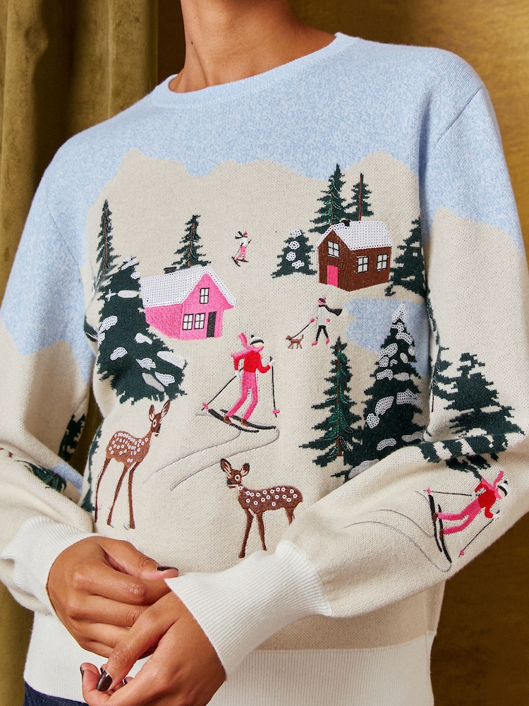 Love & Roses Embroidered Sequin Après Ski Crew Neck Knitted Christmas Jumper - Slika 2 od 5