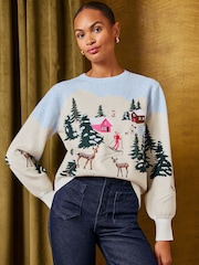 Love & Roses Embroidered Sequin Après Ski Crew Neck Knitted Christmas Jumper - Slika 4 od 5