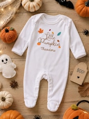 Personalised Pumpkin Baby Sleepsuit by Little Years - Image 2 of 3