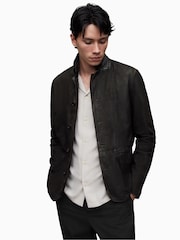 AllSaints Grey Black Survey Leather Blazer - Image 1 of 10