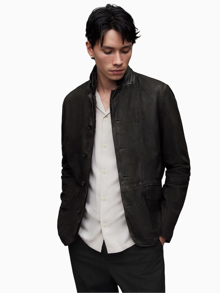 AllSaints Grey Black Survey Leather Blazer - Image 1 of 10