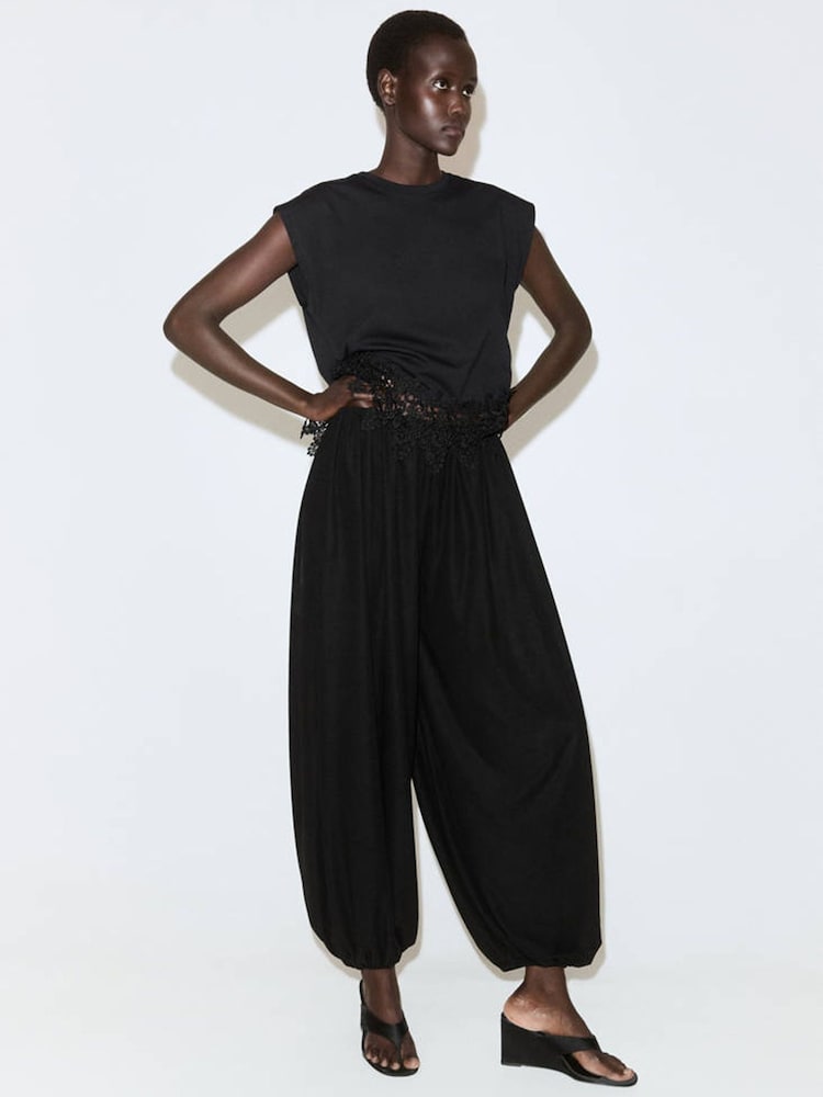 Mango Black Lace Hem Sleeveless T-Shirt - Image 1 of 6 Mango Black Lace Hem Sleeveless T-Shirt - Image 1 of 6