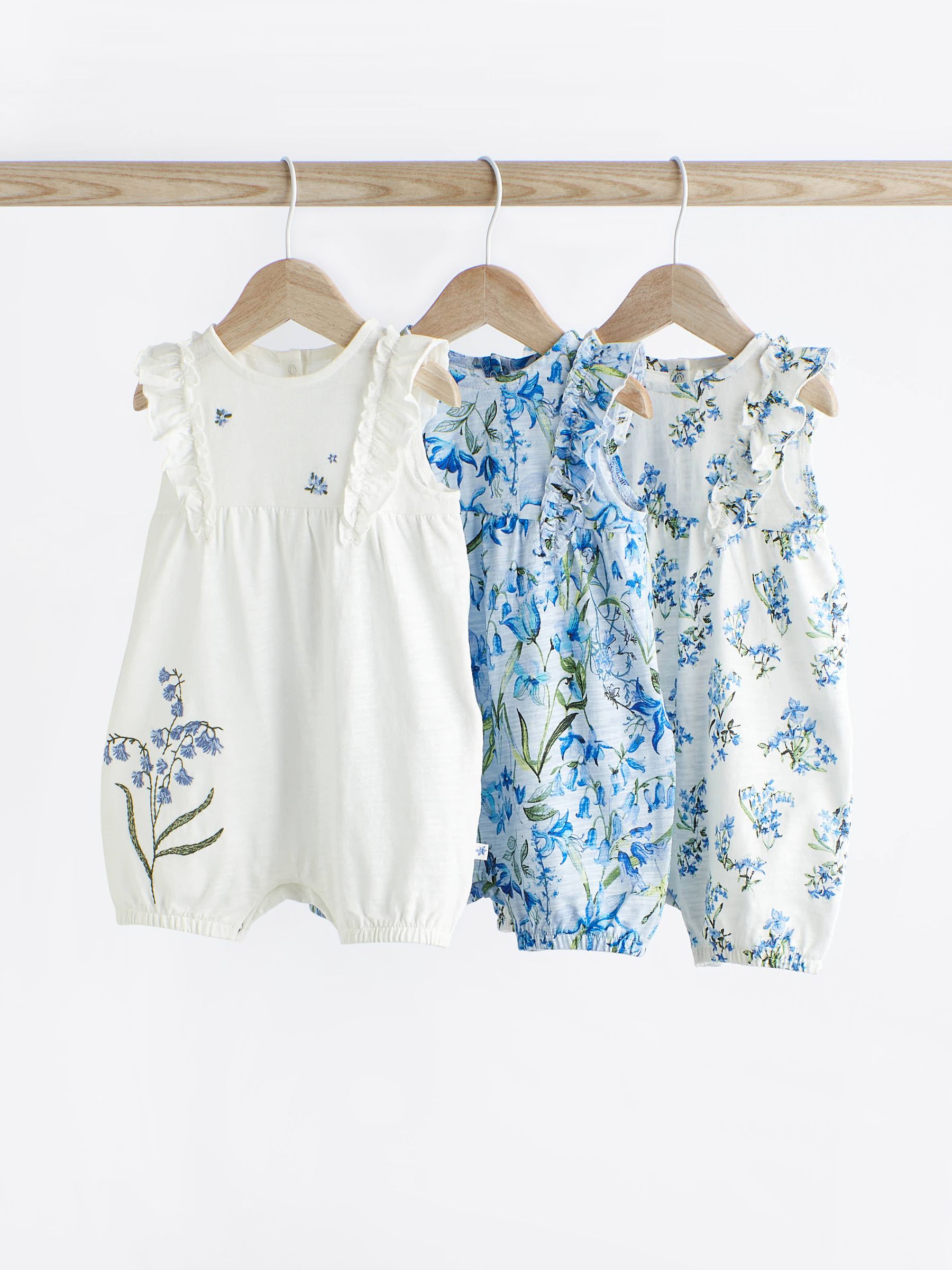 Buy Blue White Floral Baby Rompers 3 Pack from Next Luxembourg