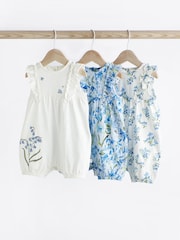 Blue/White Floral Baby Rompers 3 Pack - Image 1 of 6