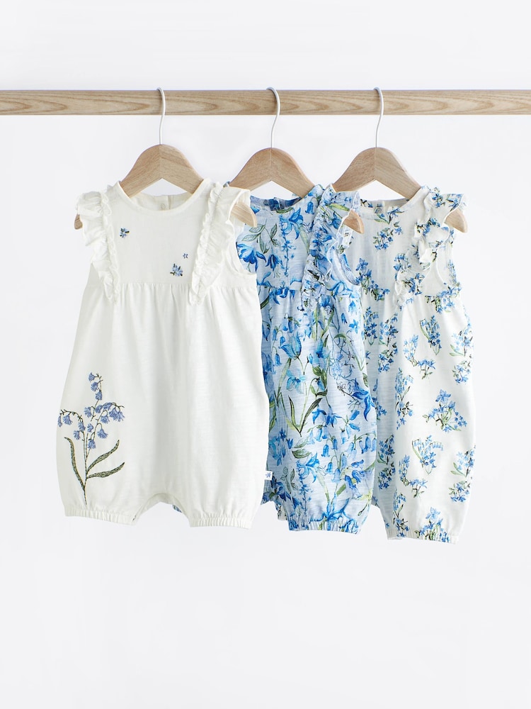Blue/White Floral Baby Rompers 3 Pack - Image 1 of 6