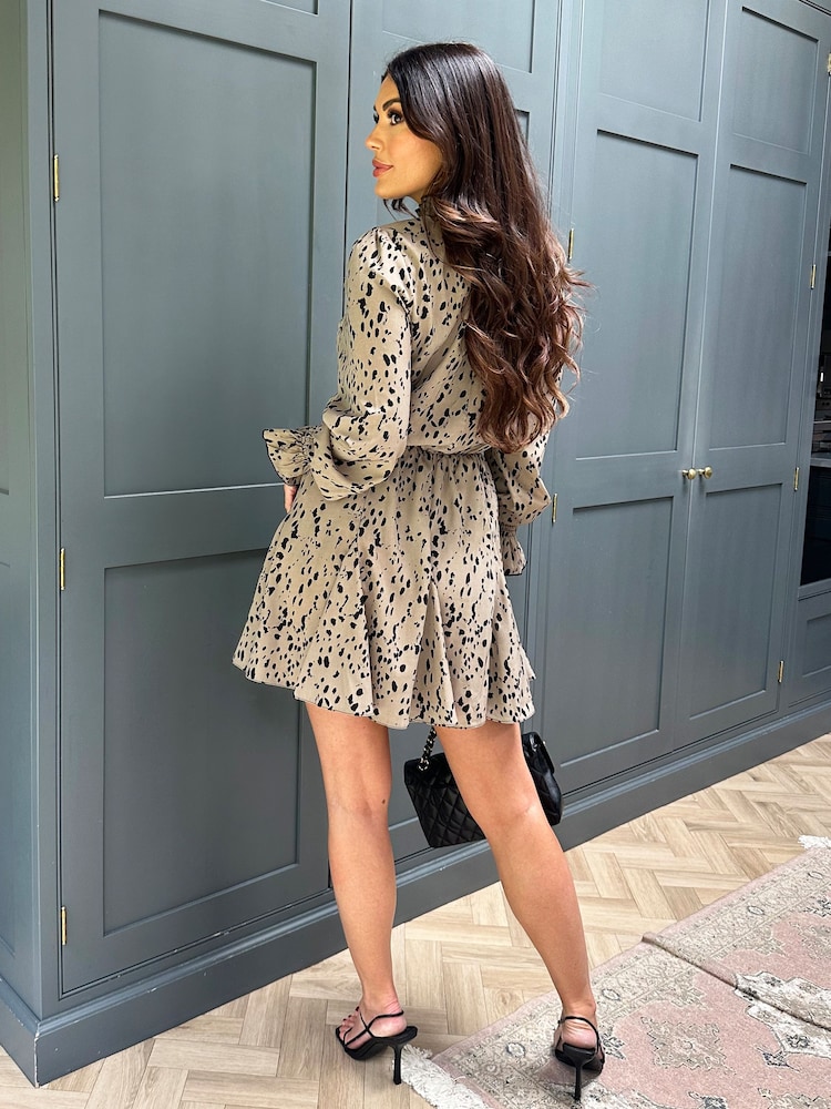 AX Paris Natural Beige Animal Print Long Sleeve Shirred Detail Skater Dress - Image 2 of 5