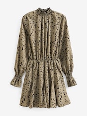 AX Paris Natural Beige Animal Print Long Sleeve Shirred Detail Skater Dress - Image 5 of 5