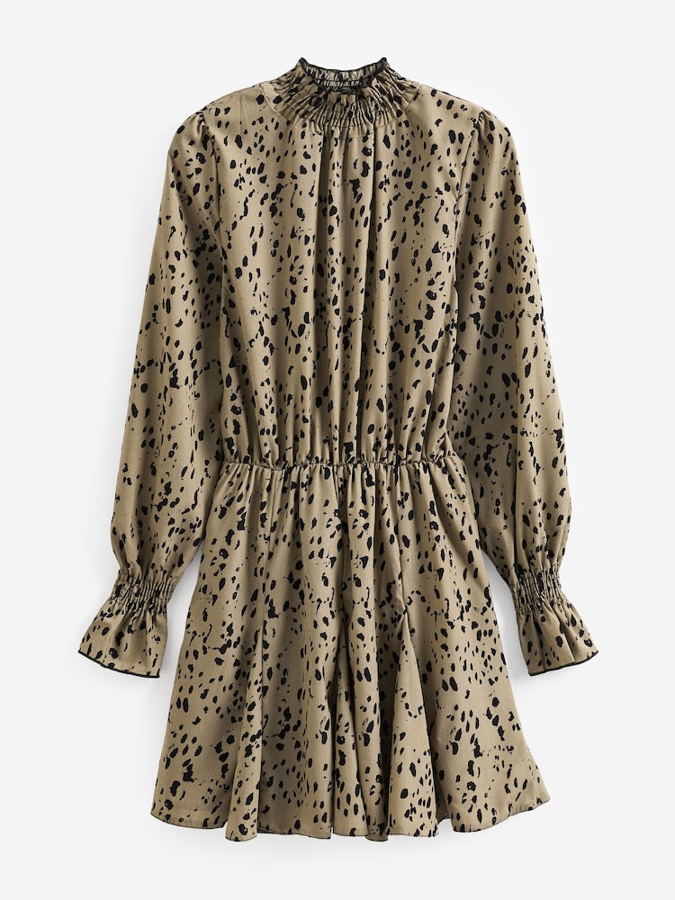 AX Paris Natural Beige Animal Print Long Sleeve Shirred Detail Skater Dress - Image 5 of 5