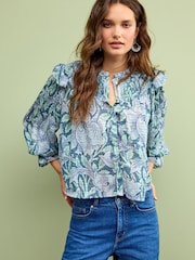Morris & Co. Poppy Blue Floral Print Ruffle Shirred Long Sleeve Blouse - Image 1 of 6
