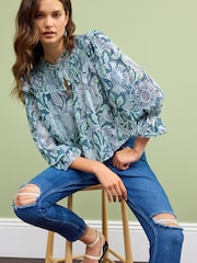 Morris & Co. Poppy Blue Floral Print Ruffle Shirred Long Sleeve Blouse - Image 2 of 6