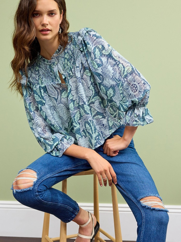 Morris & Co. Poppy Blue Floral Print Ruffle Shirred Long Sleeve Blouse - Image 2 of 6