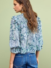 Morris & Co. Poppy Blue Floral Print Ruffle Shirred Long Sleeve Blouse - Image 3 of 6