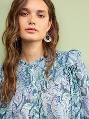 Morris & Co. Poppy Blue Floral Print Ruffle Shirred Long Sleeve Blouse - Image 4 of 6