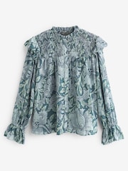 Morris & Co. Poppy Blue Floral Print Ruffle Shirred Long Sleeve Blouse - Image 5 of 6