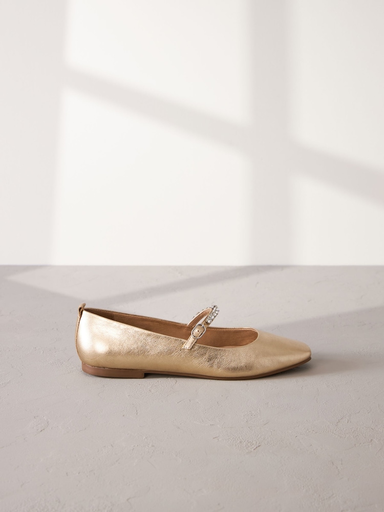 Gold Jewel Signature Leather Mary Jane Flat Shoes - Image 2 of 6